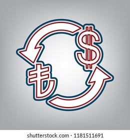 Currency exchange sign. Turkey Lira and US Dollar. Vector. Dark red, transparent and midnight green stroke of white icon at grayish background.