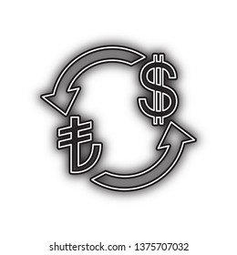 Currency exchange sign. Turkey Lira and US Dollar. Vector. Double contour black icon with soft shadow at white background. Isolated.