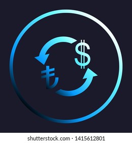 Currency exchange sign. Turkey Lira and US Dollar. White, cyan and blue gradient icon as round button in white shell at dark blue background. Illustration.