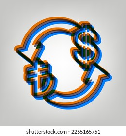 Currency exchange sign. Turkey Lira and US Dollar. Stroked Icon in orange, azure and old lavender Colors at gray Background. Illustration.