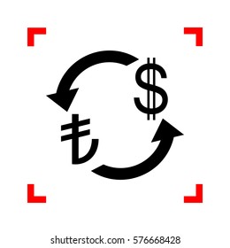 Currency exchange sign. Turkey Lira and US Dollar. Black icon in