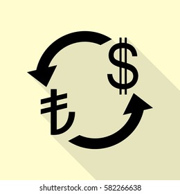 Currency exchange sign. Turkey Lira and US Dollar. Black icon with flat style shadow path on cream background.
