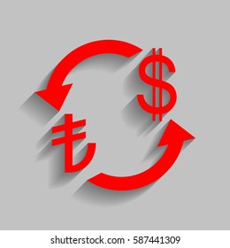 Currency exchange sign. Turkey Lira and US Dollar. Vector. Red icon with soft shadow on gray background.