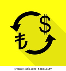 Currency exchange sign. Turkey Lira and US Dollar. Black icon with flat style shadow path on yellow background.