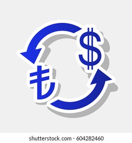 Currency exchange sign. Turkey Lira and US Dollar. Vector. New year bluish icon with outside stroke and gray shadow on light gray background.