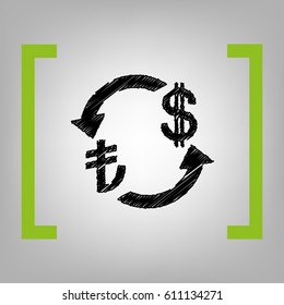 Currency exchange sign. Turkey Lira and US Dollar. Vector. Black scribble icon in citron brackets on grayish background.