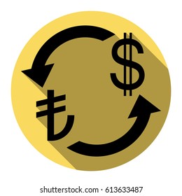 Currency exchange sign. Turkey Lira and US Dollar. Vector. Flat black icon with flat shadow on royal yellow circle with white background. Isolated.