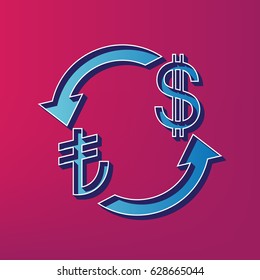 Currency exchange sign. Turkey Lira and US Dollar. Vector. Blue 3d printed icon on magenta background.