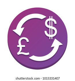 Currency exchange sign. UK: Pound and US Dollar. Vector. White icon with flat shadow on purpureus circle at white background. Isolated.