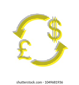 Currency exchange sign. UK: Pound and US Dollar. Vector. Yellow icon with square pattern duplicate at white background. Isolated.