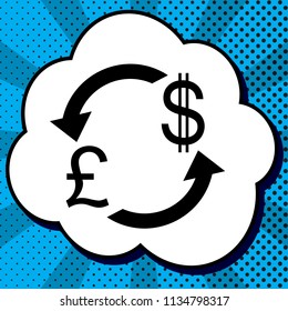 Currency exchange sign. UK: Pound and US Dollar. Vector. Black icon in bubble on blue pop-art background with rays.