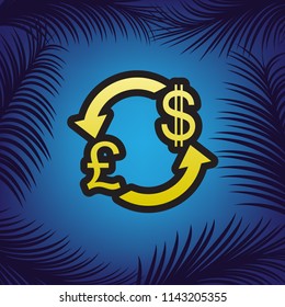 Currency exchange sign. UK: Pound and US Dollar. Vector. Golden icon with black contour at blue background with branches of palm trees.