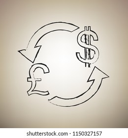 Currency exchange sign. UK: Pound and US Dollar. Vector. Brush drawed black icon at light brown background.