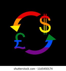 Currency exchange sign. UK: Pound and US Dollar. Vector. Icon with colors of LGBT flag at black background.