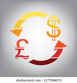 Currency exchange sign. UK: Pound and US Dollar. Vector. Horizontally sliced icon with colors from sunny gradient in gray background.