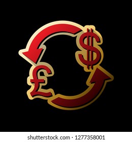Currency exchange sign. UK: Pound and US Dollar. Vector. Red icon with small black and limitless shadows at golden sticker on black background.