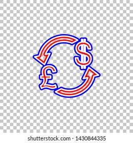 Currency exchange sign. UK: Pound and US Dollar. Red, white and contour icon at transparent background. Illustration.