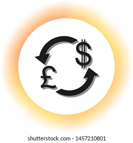 Currency exchange sign. UK: Pound and US Dollar. Dark icon with shadow on the glowing circle button. Illustration.