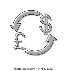 Currency exchange sign. UK: Pound and US Dollar. Black line icon with gray shifted flat filled icon on white background. Illustration.