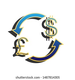 Currency exchange sign. UK: Pound and US Dollar. Blue icon with gold contour with dark gray shadow at white background. Illustration.