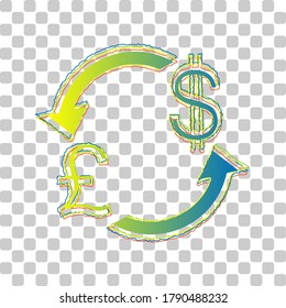 Currency exchange sign. UK: Pound and US Dollar. Blue to green gradient Icon with Four Roughen Contours on stylish transparent Background. Illustration.