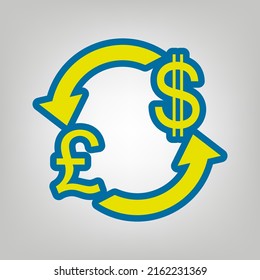 Currency exchange sign. UK: Pound and US Dollar. Icon in colors of Ukraine flag (yellow, blue) at gray Background. Illustration.