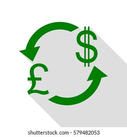 Currency exchange sign. UK: Pound and US Dollar. Green icon with flat style shadow path.