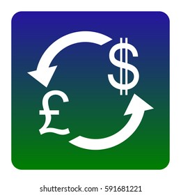 Currency exchange sign. UK: Pound and US Dollar. Vector. White icon at green-blue gradient square with rounded corners on white background. Isolated.