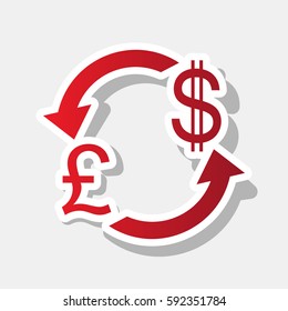 Currency exchange sign. UK: Pound and US Dollar. Vector. New year reddish icon with outside stroke and gray shadow on light gray background.