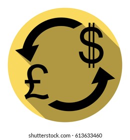 Currency exchange sign. UK: Pound and US Dollar. Vector. Flat black icon with flat shadow on royal yellow circle with white background. Isolated.