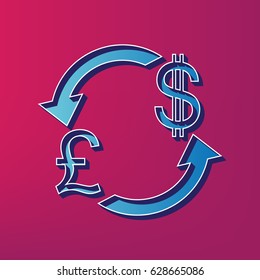Currency exchange sign. UK: Pound and US Dollar. Vector. Blue 3d printed icon on magenta background.