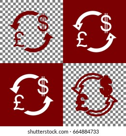 Currency exchange sign. UK: Pound and US Dollar. Vector. Bordo and white icons and line icons on chess board with transparent background.
