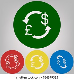 Currency exchange sign. UK: Pound and US Dollar. Vector. 4 white styles of icon at 4 colored circles on light gray background.