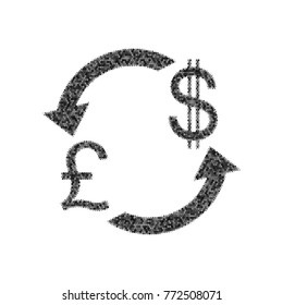 Currency exchange sign. UK: Pound and US Dollar. Vector. Black icon from many ovelapping circles with random opacity on white background. Noisy. Isolated.