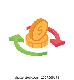 A currency exchange symbol with a coin and arrows