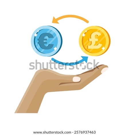 Currency exchange symbol with hand holding euro and pound coins in a simple design