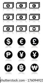 Currency exchange symbols - bank notes and coins icons set