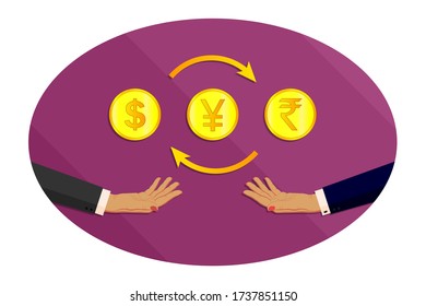 Currency exchange. Two female, businesswoman hands in business suits holding coins of money, dollars, indian rupee and yuan, yen for exchange. Illustration of bags of money. Vector horizontal