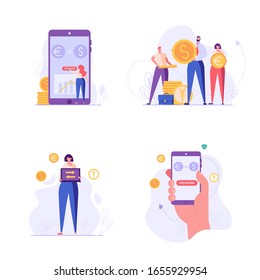 Currency exchange UI illustrations in flat design. Concepts of mobile currency exchange service. People exchange currency euro euro yen. Set of finance vector illustrations for mobile app