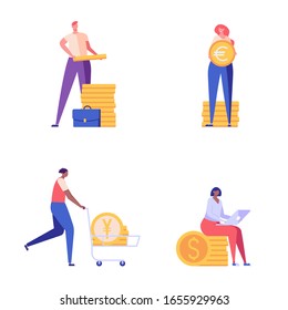 Currency exchange UI illustrations in flat design. Concepts of mobile currency exchange service. People exchange currency euro euro yen. Set of finance vector illustrations for mobile app