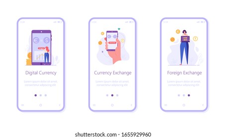 Currency exchange UI onboarding screen illustrations for mobile application. mobile currency exchange service. People exchange currency euro euro yen. Set of finance vector illustrations