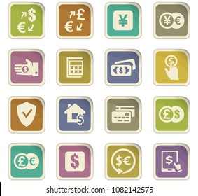 Currency exchange vector colored paper stickers with icons