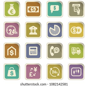 Currency exchange vector colored paper stickers with icons