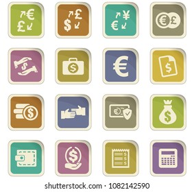 Currency exchange vector colored paper stickers with icons