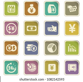 Currency exchange vector colored paper stickers with icons