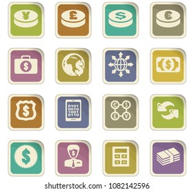 Currency exchange vector colored paper stickers with icons
