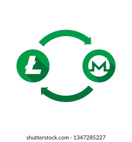 currency exchange vector concept. green symbols of litecoin and monero with long shadows and arrows on white background. flat cartoon money converter illustration. eps 10