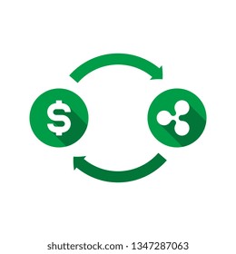 currency exchange vector concept. green symbols of dollar and ripple with long shadows and arrows on white background. flat cartoon money converter illustration. eps 10