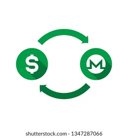 currency exchange vector concept. green symbols of dollar and monero with long shadows and arrows on white background. flat cartoon money converter illustration. eps 10