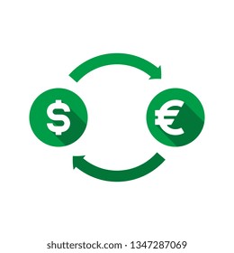 currency exchange vector concept. green symbols of dollar and euro with long shadows and arrows on white background. flat cartoon money converter illustration. eps 10